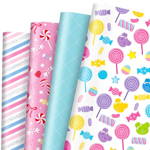 Whaline 12 Sheets Candyland Wrapping Paper - Not Roll - Colorful Sweet Candy Lollipop Plaid Stripe Gift Wrap Paper Folded Flat for DIY Crafts Christmas Birthday Party 19.7 x 27.6 Inch