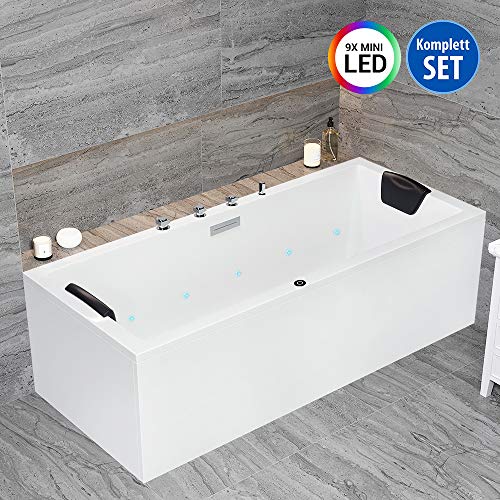 AQUADE Badewanne Komplett-Set mit Schürze Wannenträger Standard Ab-Überlaufgarnitur Rechteck-Badewanne 180x80cm Modell: Neu-Ulm Armatur mit integriertem Wasserfall mit Nackenkissen mit 9 x Mini-LED – Bild 6