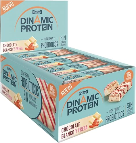 Dinamic Protein- Barritas de Proteína- Chocolate Blanco y Fresa- 16g de Proteína- Con Probióticos y Fibra - Caja de 12 Unidades- Sin Gluten