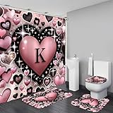 AZHM Romantic K Heart Shower Curtain Set 4 PCS Pink Love Theme Bathroom Decor for Wedding and Valentine's Day Gift with Rugs and 12 Hooks