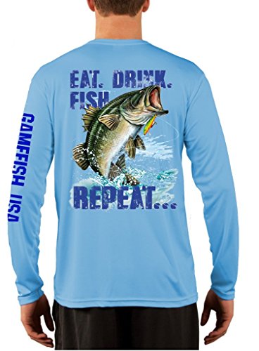 UPF 50 Long Sleeve Performance Fishing Shirt Eat Drink Fish Repeat Bass Medium Baby Blue