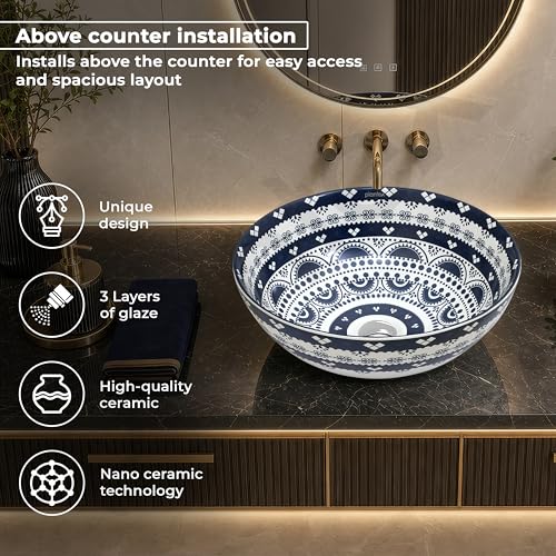 Image of Plantex Designer Ceramic Basin /Table Top Wash Basin for Bathroom /Round Countertop Vessel Sink Basin for Home /Restaurant (White Art, 16 x 16 x 6 Inch)