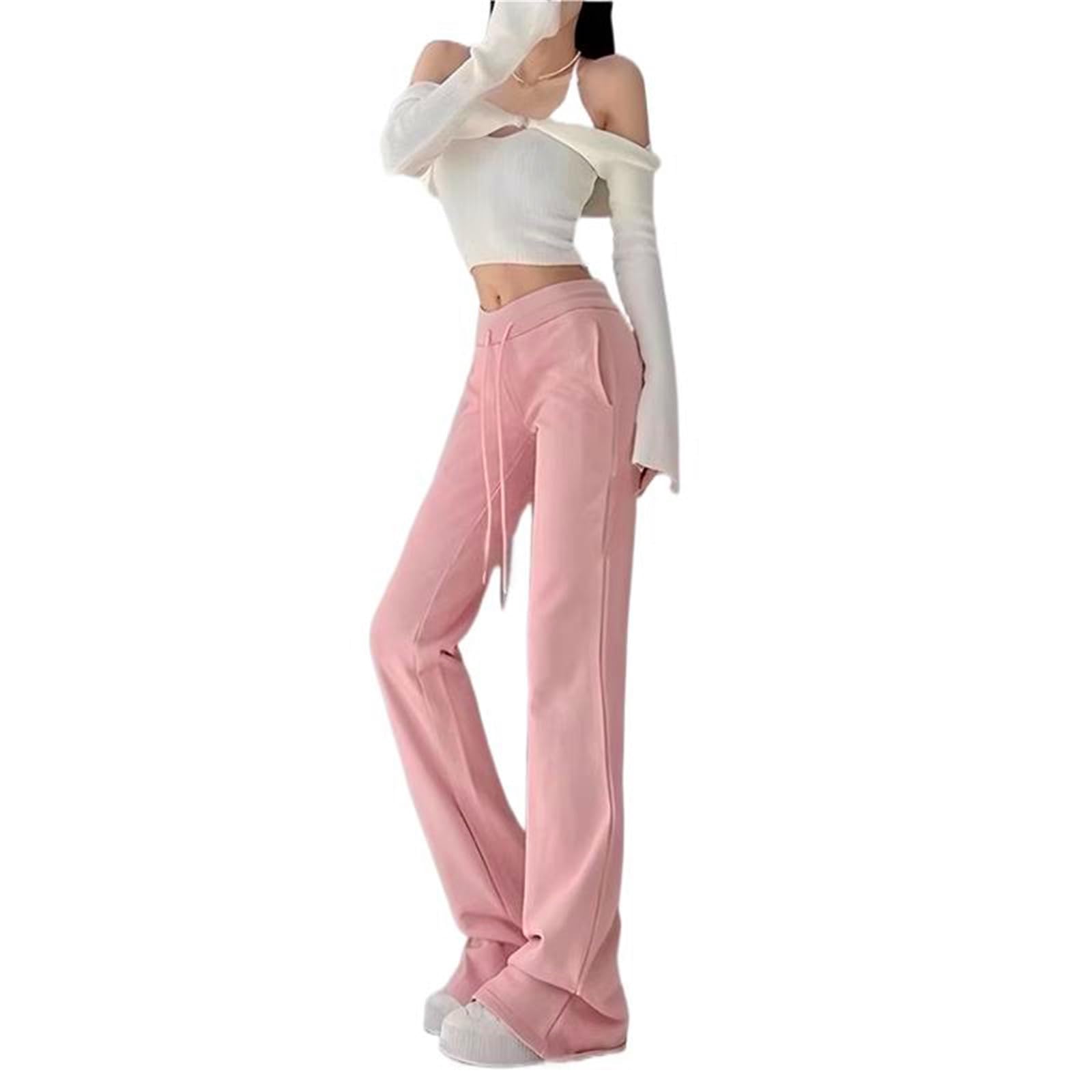 Womens Pants Spring-Summer High-Waisted Slim Drawstring Casual Trouser for Women-pink01-Large