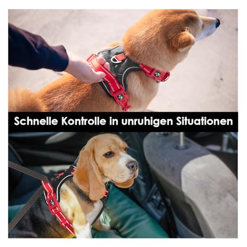 PHOEPET Anti-Zug Hundegeschirr - Reflektierendes Verstellbares Welpen-Sicherheitsgeschirr für kleine, mittelgroße und große Hunde (S,Schwarze Basis & Rote Träger)