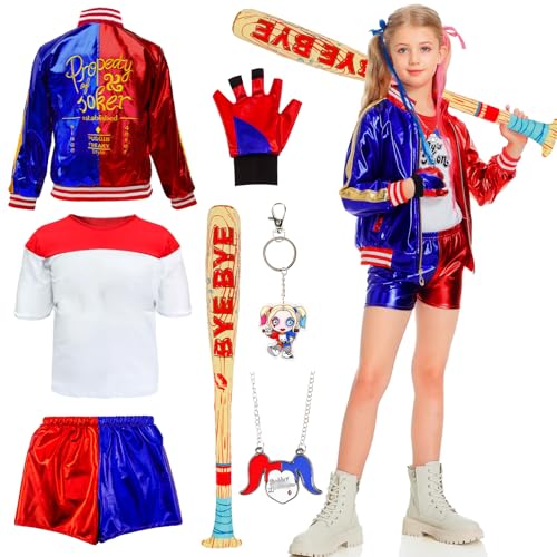 Quinn Disfarce para meninos e meninas, disfarce suicida, fantasia de vilão, jogo de palhaço, com casaco, t-shirt, calções, luva, chaveiro, colar para Halloween, carnaval, cosplay, fantasia de