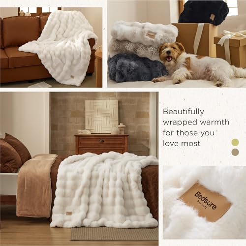 Bedsure GentleSoft Fluffy Bubble Blanket, Cozy Soft Faux Fur Throw Blanket for Couch, Fuzzy Faux Fur Decor for Bedroom Living Room, Thick Warm Furry Cozy Gifts for Women Girls Mom, Cream, 50x60 Inch