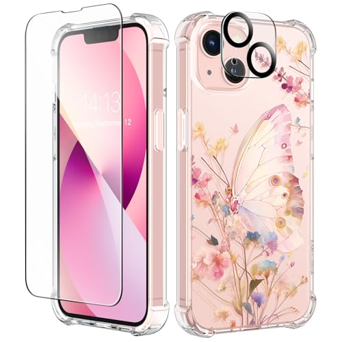 GVIEWIN Funda diseñada para iPhone 13 de 6.1 pulgadas, con protector de pantalla de vidrio templado + protector de lente de cámara, flor transparente, suave y flexible, a prueba de golpes, floral para