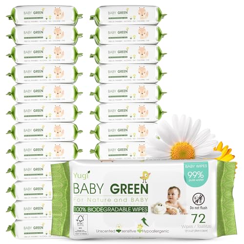 Image of Yugi Green Baby Wipes – Unscented, Compostable, Biodegradable, Plant-Based, Fragrance-Free, for Sensitive Skin & Babies – 24 Packs of 72 (1728Count)