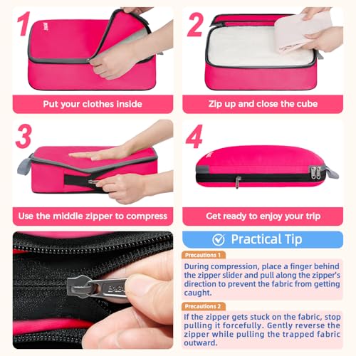 Image of BAGAIL 4 Set /6 Set /8 Set Compression Packing Cubes Travel Accessories Expandable Packing Organizers (Cloth Pattern, 4-Fuchsia)