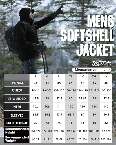 33,000ft Herren Softshelljacke Wasserbeständige Winddichte Funktionsjacke Atmungsaktive Übergangsjacke Leichte Fahhradjacke mit Kapuze Ohne Fleecefutter Schwarz XL