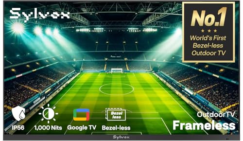 SYLVOX 43-Inch Outdoor TV for Patio & Backyard, Ultra-Narrow Bezel, Upgraded IP56 Waterproof, Google TV OS w/AI Wallpaper, Dolby Atmos, 1000 Nits Brightness for Partial Sun (Frameless, 2026)