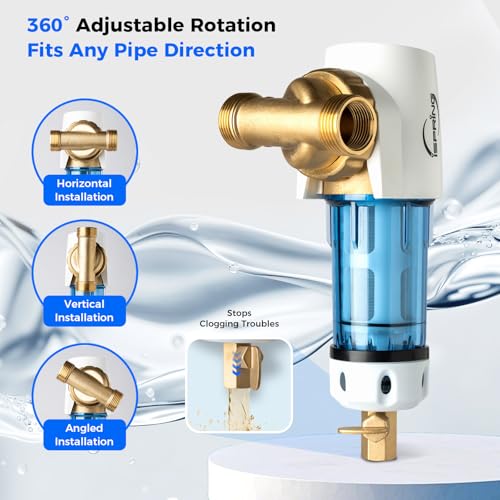 Image of iSpring WSP100GR Reusable Spin Down Sediment Water Filter 100 Micron with Built-in Housing Scraper, 360 Rotatable Head, Pressure Gauge, Blue
