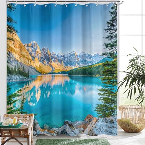 Wegklazax Glacier Mountain Shower Curtain Lake Scenery Bathroom Curtain High-Definition Nature Landscape Shower Curtain Set with 12 Hooks 72x72 Inches