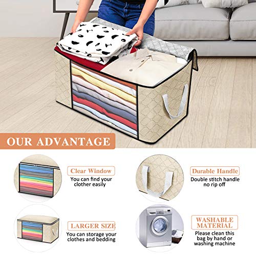 king do way Closet Organizer Clothes Storage Bags Large Capacity Storage Organizers with Reinforced Handle,Stainless Steel Zipper,3 Layer Fabric for Comforters,Bedding,Blankets Clothing (Off White, Storage without Divider,4 Pack)