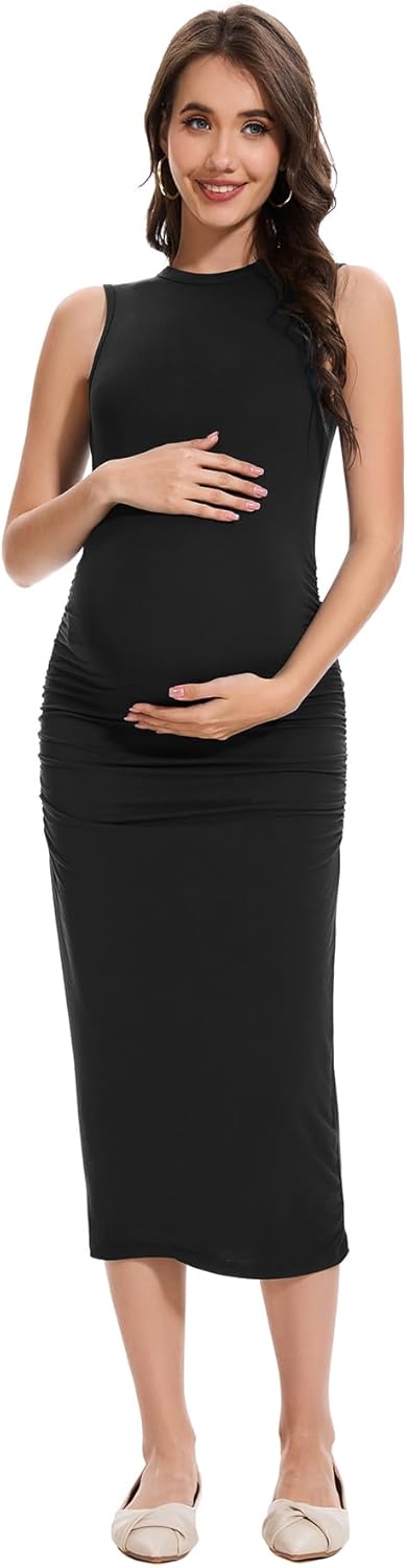 Smallshow Women's Maternity Midi Dress Crew Neck Sleeveless Pregnancy Clothes - Image 2