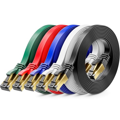 deleyCON 5x 1m Latiguillo Cable de Red Plano CAT8-40 Gbps, Conductores de Cobre, Diseño Delgado y Largo, con Conector RJ45, Compatible con CAT8, CAT7 y CAT6 - Colorido