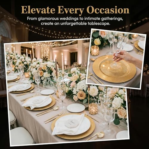 Image of Hiceeden 12 Pack Gold Charger Plates for Dinner Plates, 13 inch Round Plastic Chain Shaped Charger Service Plates, Decorative Chargers Bulk for Table Setting, Wedding, Party, Event