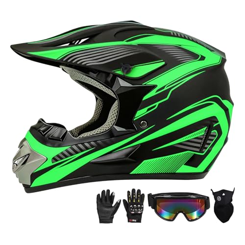 Motocross Helmet,Youth & Adult ATV Dirt Bike Motorcycle, Kids BMX 4-Wheeler Off-Road Mountain Bike Helmet,DOT Certified,W/Gloves Goggles Mask 4-Piece Set (Green, M)