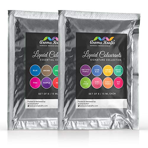Image of Liquid Colours (Signature Collection + Essential Collection) for Bath Bomb & Melt & Pour Soap Making - Set of 16 (15 ml Each)