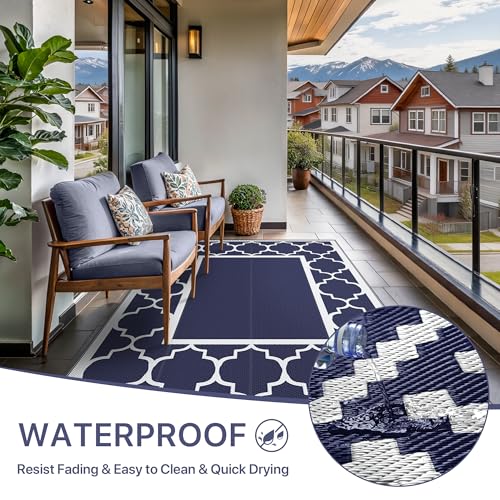 Image of GENIMO Outdoor Rug, Waterproof Plastic Rugs for Patio, 5'x8' Blue White