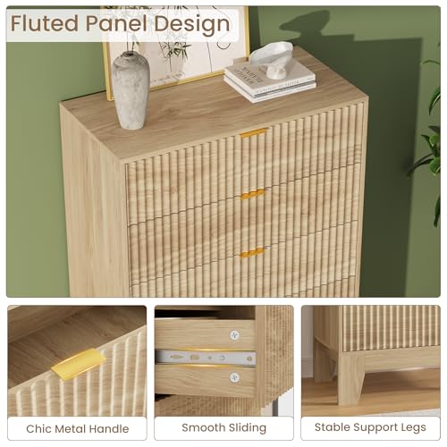 Image of Garvee 5 Drawer Dresser for Bedroom, 47 inch Tall Fluted Chest of Drawers with Metal Handle, Modern Wooden Dresser TV Stand, Clothes Storage Organizer Wood Closet for Hallway, Entryway, Natural Oak