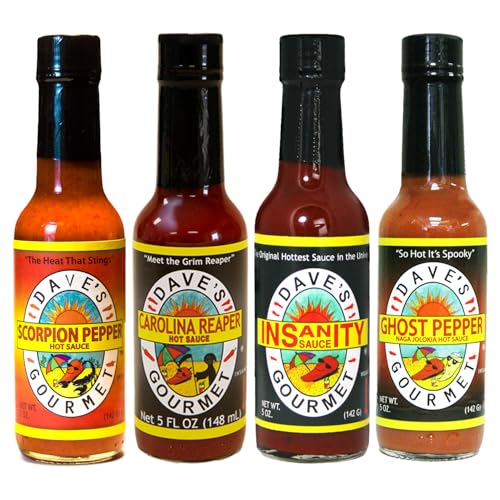 Dave&rsquo;s Gourmet Insanity Super Hot Sauce Variety 4-Pack - Carolina Reaper, Ghost Pepper, Scorpion & Insanity - Extreme Heat, Bold Flavor - Vegan, Gluten-Free, No Preservatives - 5oz Bottles