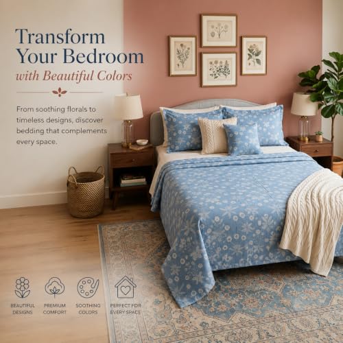 Image of Linen Home Cotton Percale Flat Bedsheet Set King Size Floral Blue