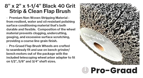 Image of 8 inch x 2 inch Black 40 Grit Extra Coarse Non-Woven Bench Grinder Strip & Clean Flap Brush Wheel, Metal Graining, Stripping, Rust & Paint Removal, Compatible for 1 /2 inch, 5 /8 inch, 3 /4 inch, 1 inch, 1-1 /4 inch Arbor