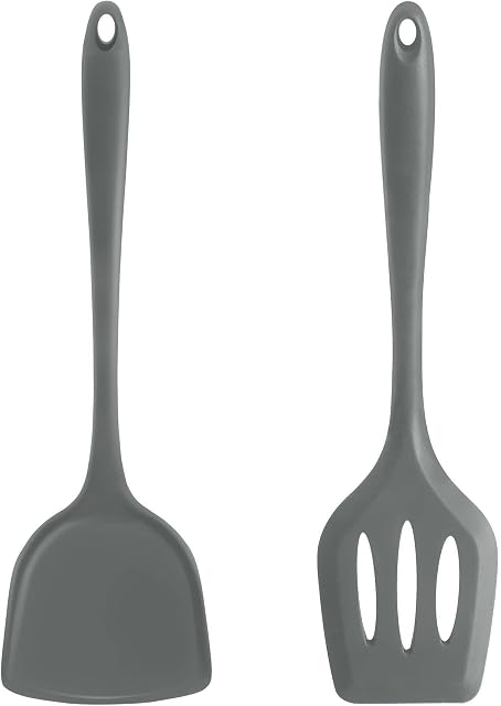 JXFSSY Silicone Spatula - 2Pcs Heat Resistant Slotted Spatula Set Kitchen Utensils Turner, High Heat Resistant Non Stick Flexible Large Black Silicone Spatula for Nonstick Heat Resistant Cookware