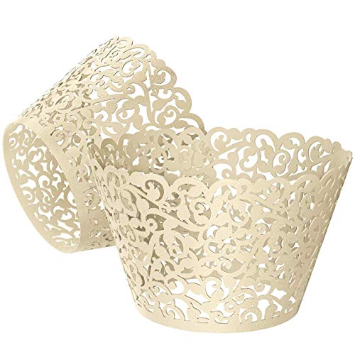 KOSTOO Lot de 50 caissettes à cupcakes en dentelle découpées au laser pour décoration de mariage/fête d'anniversaire (blanc titane)