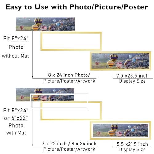 Image of JCJMY 8x24 Picture Frame with 6x22 Mat, Panoramic Picture Frame Display Photo 6x22 with Mat or 8 x 24 Without Mat, Wall Hanging Large 8 by 24 Poster Frame with Plexiglass, Gold