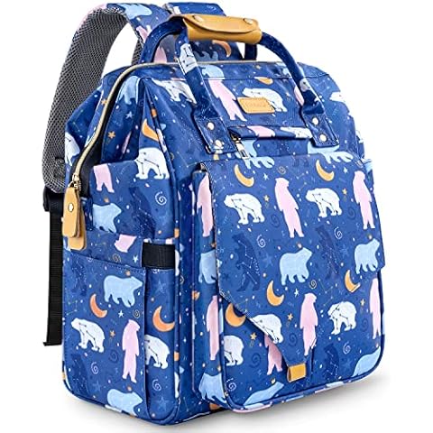 LitBear Diaper Bag Backpack, Upgraded Large Capacity Multifunction Nappy Bags, Waterproof Baby Bag Floral Insulated Durable Travel Maternity Back Pack for Baby Girls with Diaper Pad (Moon and Star) Cover