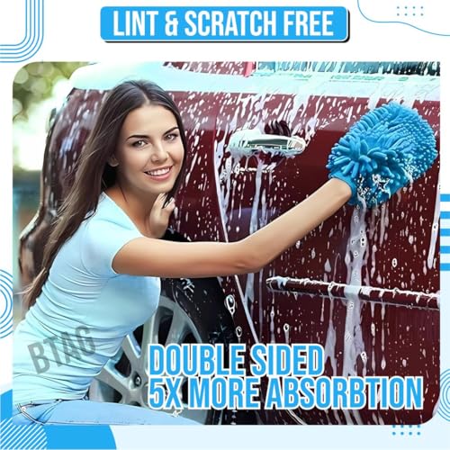 Image of Btag Double Sided Microfibre Wash Mitt Cleaning Gloves (2 Pcs, 2400 GSM, Size 26 X 19 Cm, Extra Large, Super Absorbent, Big Chenille Mitt Glove) (Sky Blue)