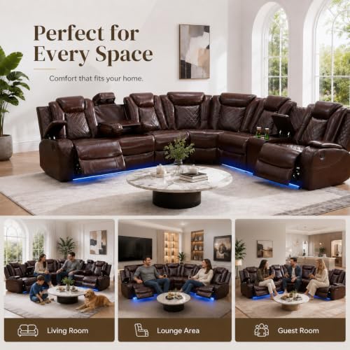 Image of Power Reclining Sectional Sofa for Living Room,Modern L-Shaped Air Leather Sectional Couch Set,Recliner Sofa Set,with LED Lights,Cup Holder,Storage,Charging Ports,Home (Red, Sectional)