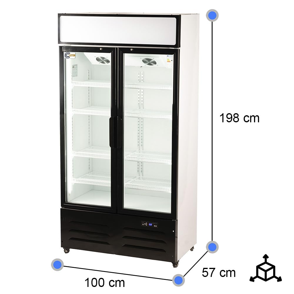 Cleiton® Armario Expositor Refrigerador 2 Puertas de Cristal 600 Litros Doble Cristal Templado Refrigeracion Ventilada Antivaho 1000x570x1980 mm | Vitrina Expositora Refrigerada | Nevera Frio Bebidas
