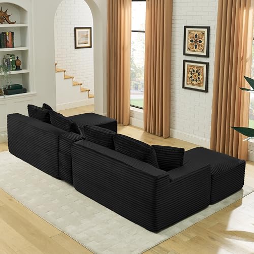 127" U-Shaped Cloud Sectional Couch, Front Facing Modular Compressed Boneless Sectional Sofa with Chaise Lounges and Console, Plush Corduroy Boneless Symmetrical Sofa - Image 5