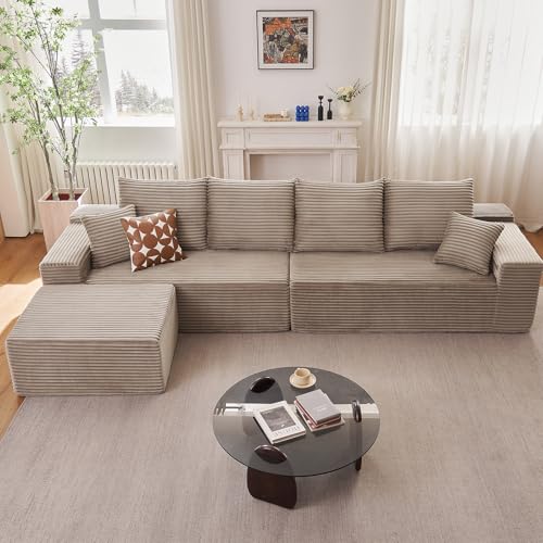 Image of 140 inch L Shaped Cloud Sectional Couch for Living Room, Modular Floor Deep-Seat Sofa, Big Comfy Corduroy Couches Set with Fluffy Memory Foam for Living Room Bedroom, No Assembly Required, Camel