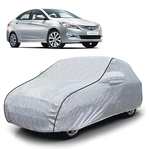 Image of Sulfar 100% Waterproof Car Body Cover Compatible with Mirror for Hyundai Fluidic Verna (Triple Stitched, Full Bottom Elastic, Magic Silver with Black Piping)