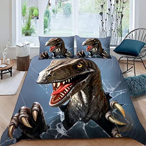 Juego de ropa de cama con diseño de dinosaurio 3D, tamaño doble, microfibra suave, personalizable, azul, 3 piezas, funda de edredón con cremallera, hipoalergénica y cómoda