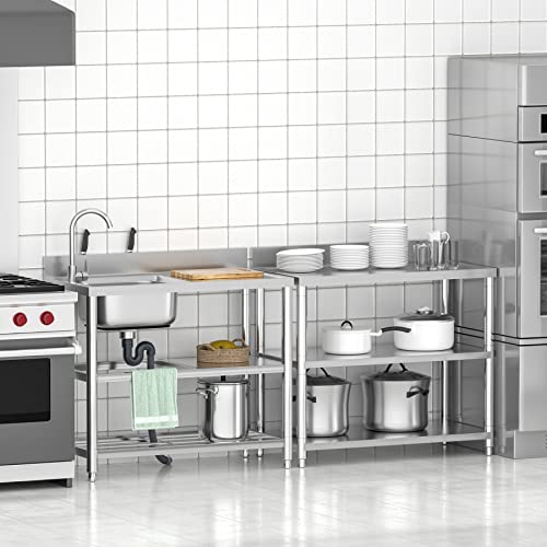 Freistehende Edelstahl Spültisch Gastro 1 Becken (Links), 100×50×94 cm Gewerbliche Spülbecken mit Wasserhahn mit Kalt und Warmwasserschläuchen, Ablassvorrichtung, für Außen, Innen, Küche, Restaurant