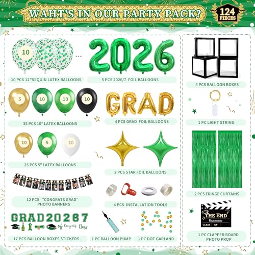 Image of Party Spot！2026 Green and Gold Graduation Party Decorations,124 PCS Graduation Decorations Class of 2026,4 PCS Balloons Boxes with LED Light String & Letters 2026 GRAD So Proud of You