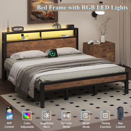Image of LOEWAY King Size Platform Bed with 2-Tier Storage Headboard, Metal Bed Frame with Charging Station & LED Light, Heavy Duty Metal Slats, No Box Spring Need, Noise Free, Rustic Brown