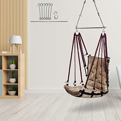 Image of SWINGZY Cotton Make In India, Single Seater Soft Leather Velvet Hanging Swing For Adults,Swing For Indoor /Outdoor, Home, Balcony & Garden, 200 Kgs Weight Capacity (Beige,Free Hanging Accessories)