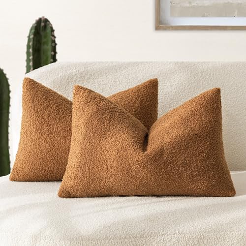 Image of Foindtower Pack of 2, Curly Faux Fur Lumbar Decorative Throw Pillow Covers Soft Fuzzy Plush Cushion Case Cozy Pillowcase for Living Room Couch Bed Sofa Home Decor 12 x 20 Inch, Bronze