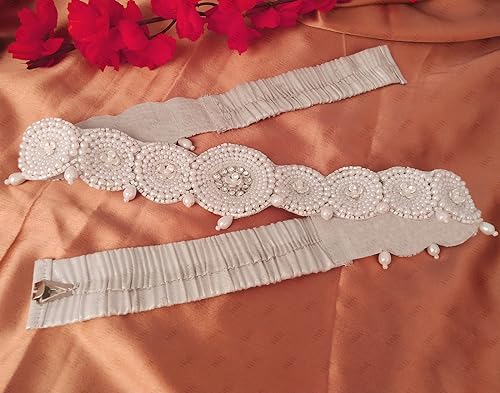 Traditional White Fabric Pearl Embroidery Cloth Maggam Work Saree Waist Belt Stretchable Kamarpatta Kamarbandni Kardhani For Women (Kamarbandh Belt For Saree)3
