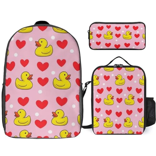 3 Pieces Backpack with Lunchbox Meal Bag Pencil Pouch Pink Heart Polka Dots Yellow Rubber Ducks 17 Inch Travel Daypack Insulated Lunch Bag Pen Holder Case