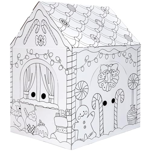 kockuu Color Your Own Cardboard Gingerbread House, Large Christmas Cardboard Playhouse for Kids Toddlers Christmas Arts & Crafts Activity Indoor Fun, 40