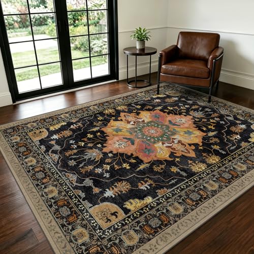 Image of 5x7 Area Rugs for Living Room - Machine Washable 100+ Washes Resistant Non-Slip 1-Second Instant Grip Vintage Boho Home Decor Compatibility Soft Thin Indoor Floor Carpet for Bedroom Dining Room