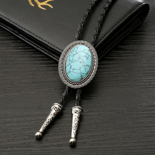 Image of AZORA Western Cowboy Bolo Tie Men Leather Necktie Leather Cord Turquoise Stone Bolo Ties for Men Women