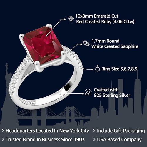 Gem Stone King 4.06 Cttw Red Created Ruby and White Created Sapphire Engagement Ring For Women | 925 Sterling Silver | Emerald Cut 10X8MM | Available In Size 5, 6, 7, 8, 92